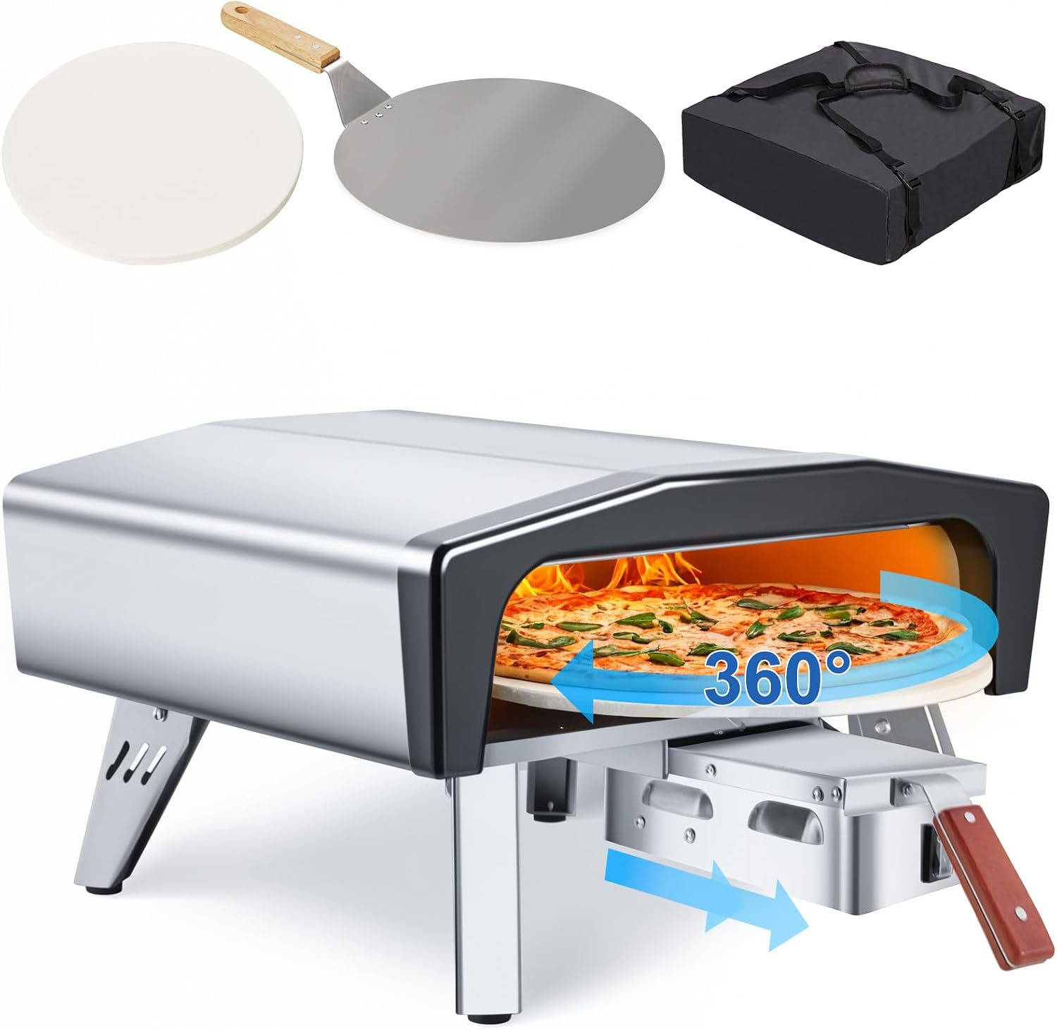 20 Inch Portable Propane Stainless Steel Outdoor Pizza Oven with Pull Out Handle and 360° Automatic Rotating Pizza Stone
