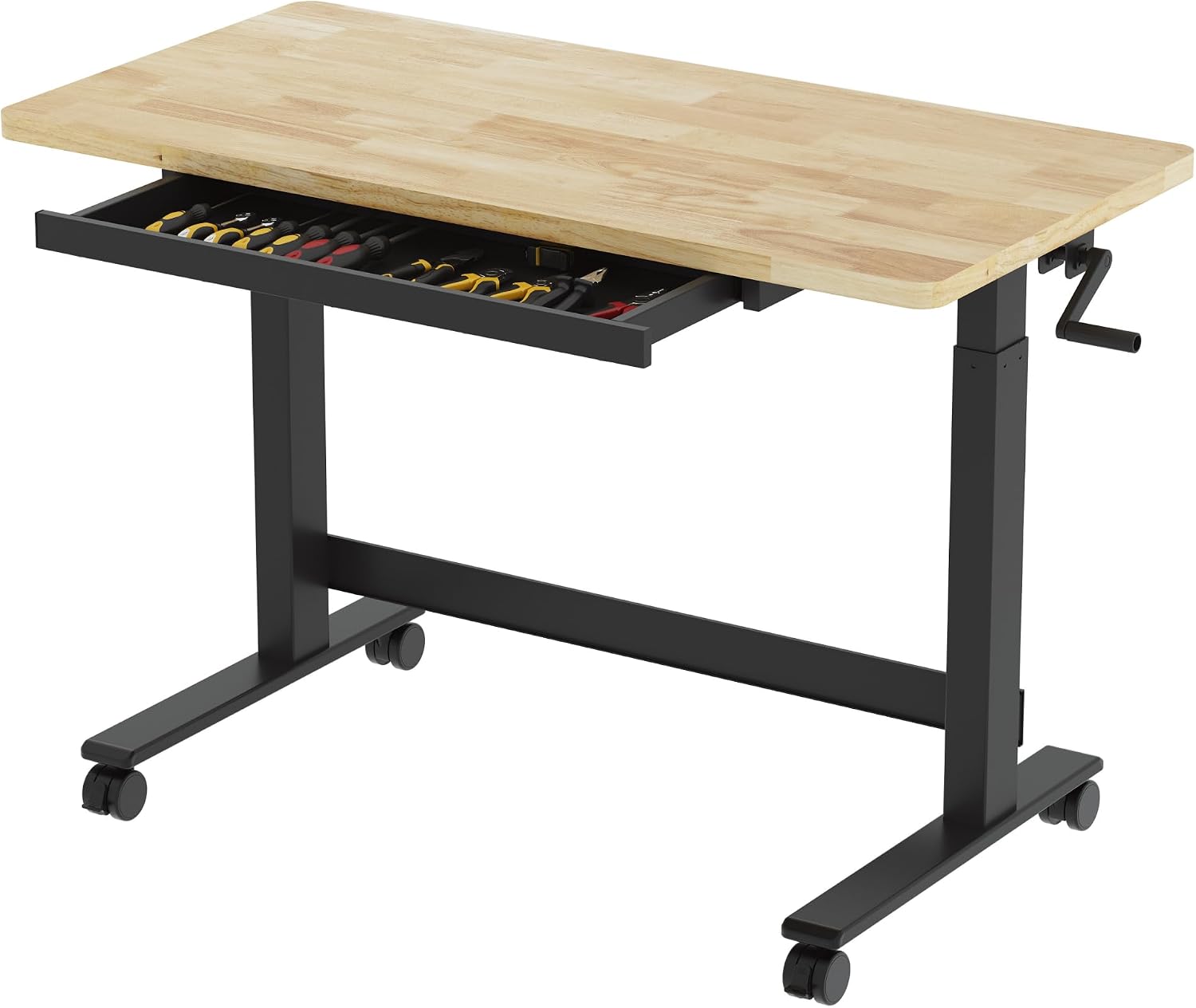 47.2" x 23.6" Adjustable Height Workbench, Hand Crank | Rubberwood Top, Heavy-Duty Steel Frame, Drawers And 360°