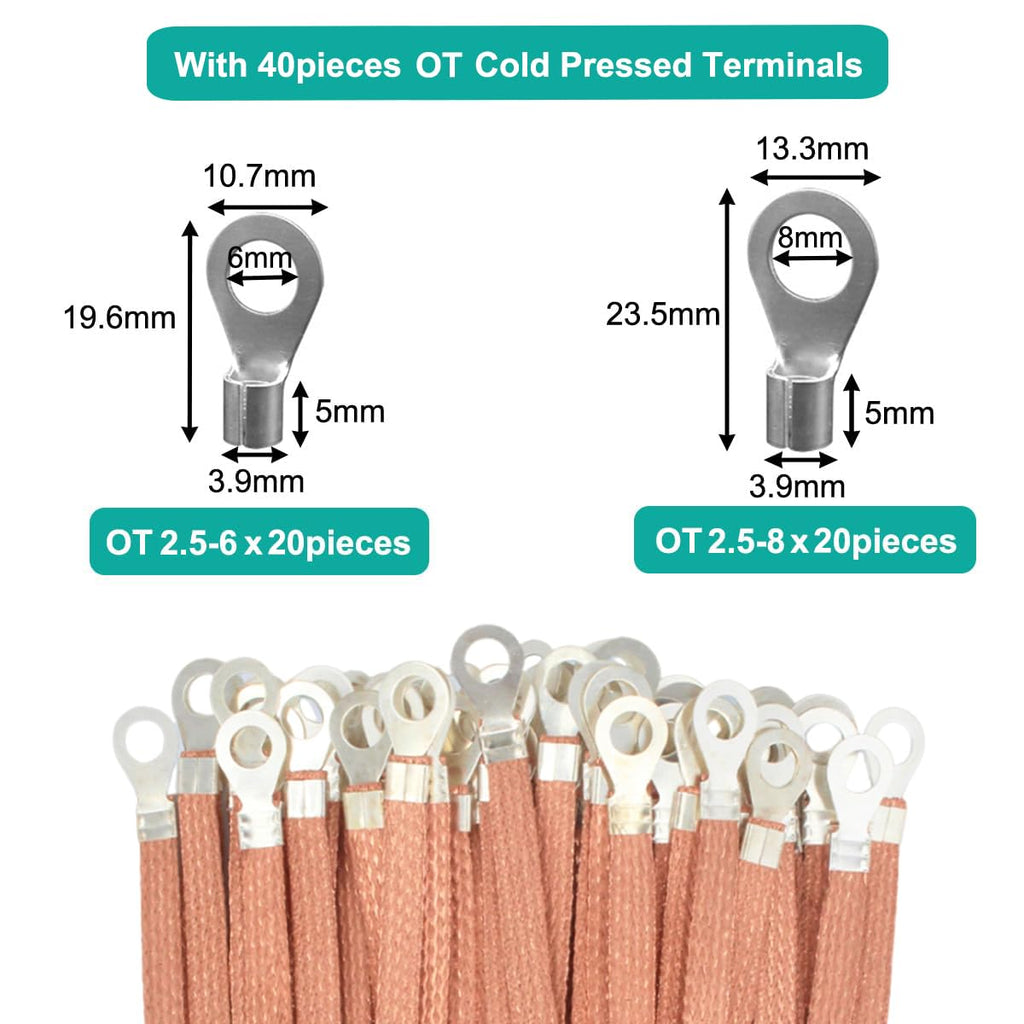 9.84ft Flat Copper Braided Ground Strap with Rings Terminal for Protect Wire