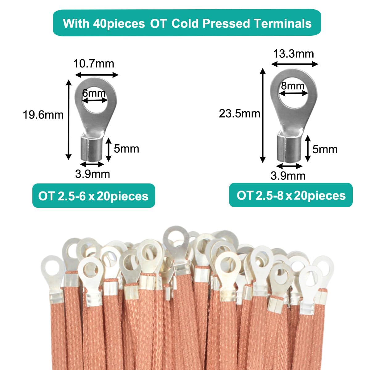 9.84ft Flat Copper Braided Ground Strap with Rings Terminal for Protect Wire