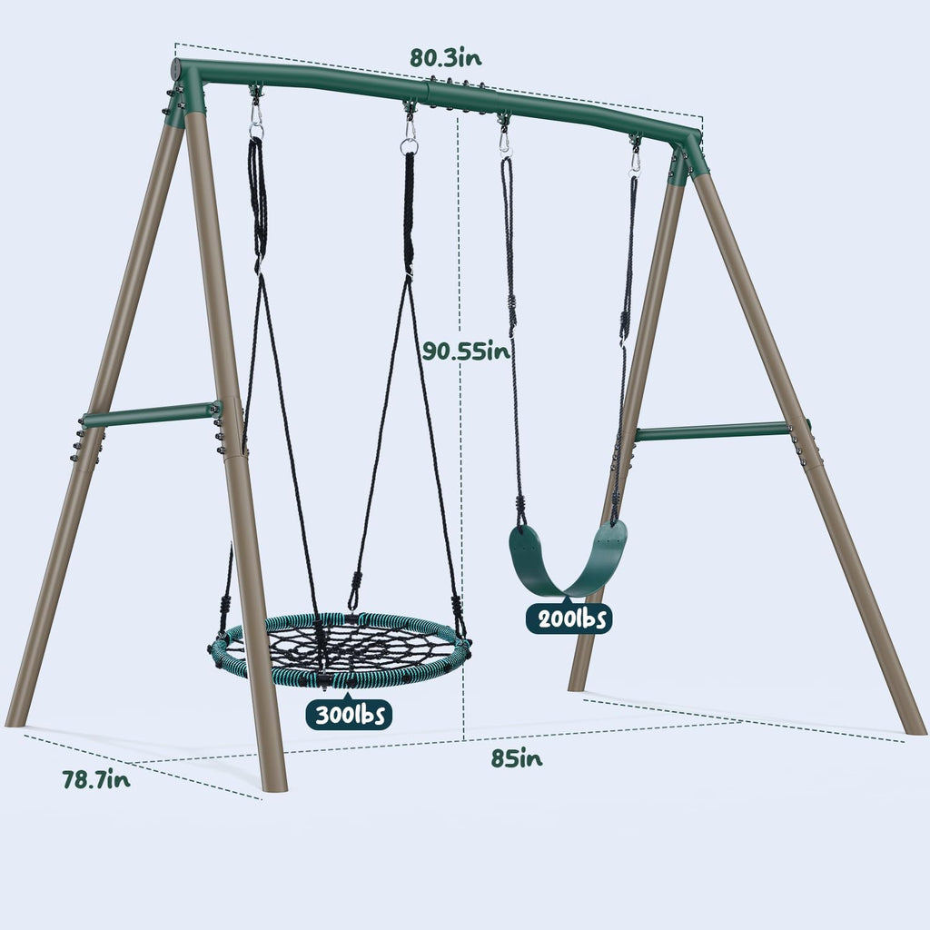 7.5ft Tall Swing Sets for Backyard, 500lbs Heavy Duty Metal Swing Set for Kids and Adults with Spider Swing and Belt