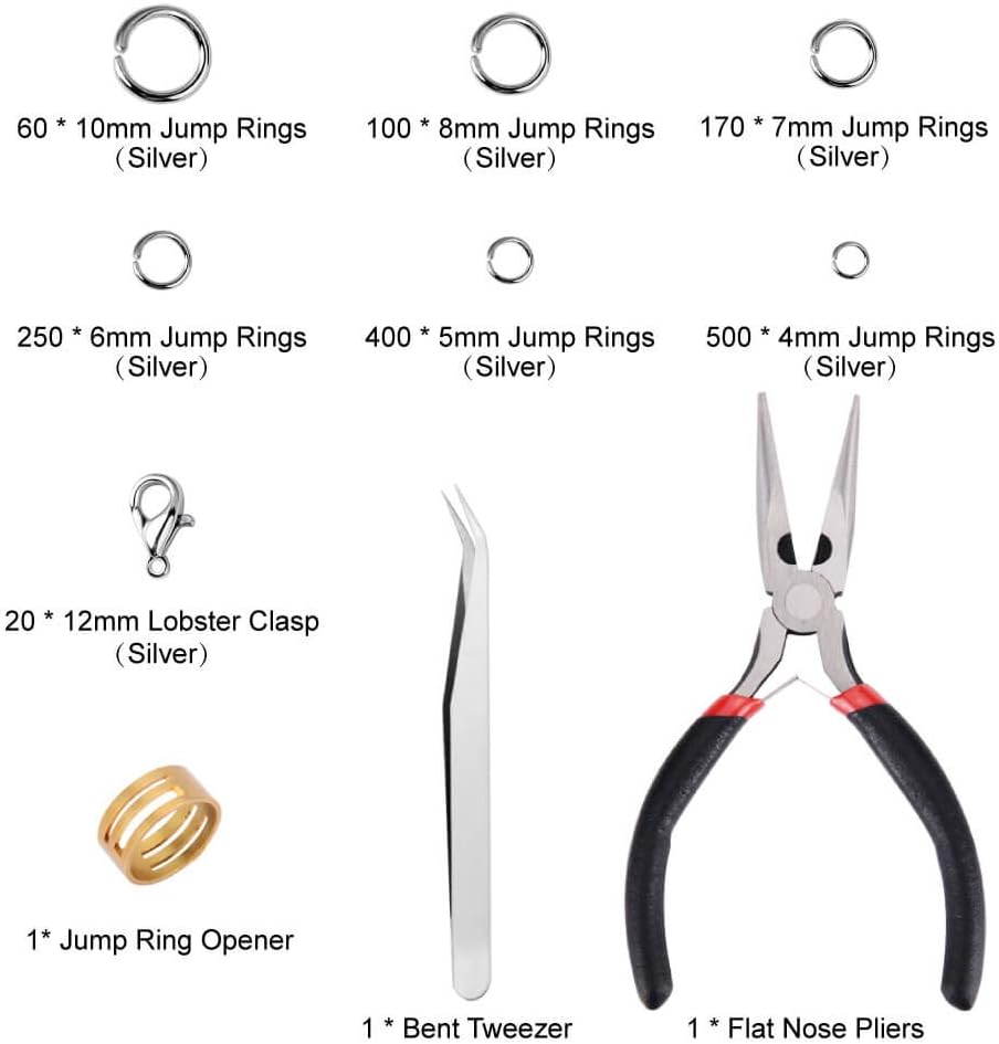1500Pcs Silver Jump Rings with Lobster Clasps and Jewelry Pliers for Jewelry Making Supplies Findings and Necklace