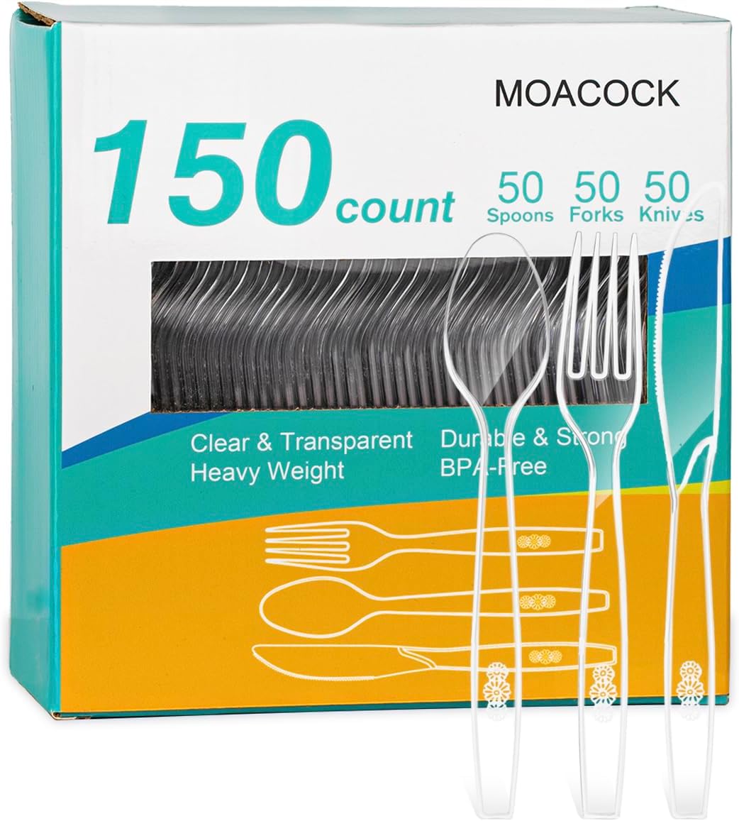 150 Pcs Clear Plastic Silverware - 50 Forks, 50 Spoons, 50 Knives