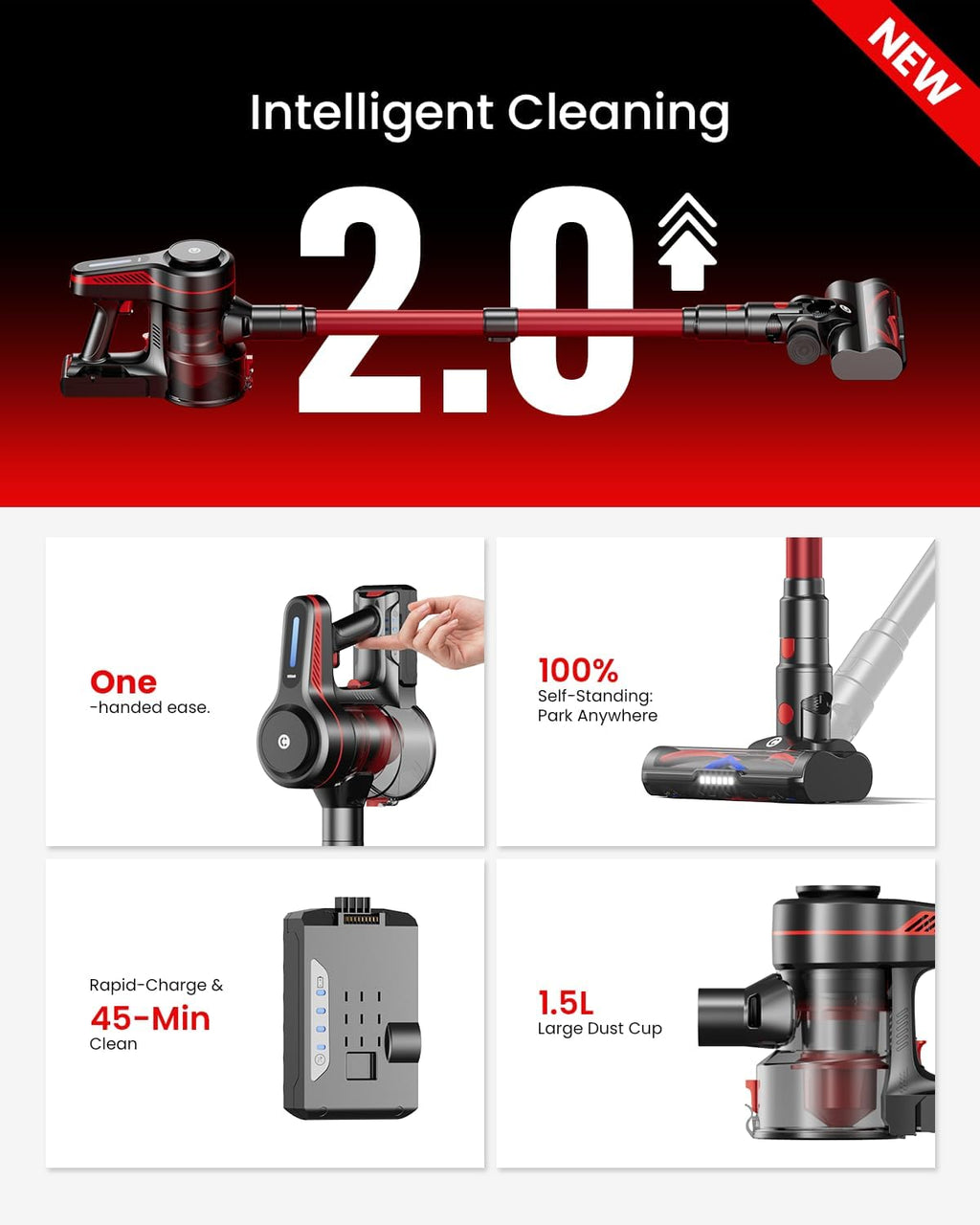 Lightweight Cordless Vacuum Cleaners for Home, Stick Vacuum Cordless Rechargeable with 45kPa Suction,45-Min