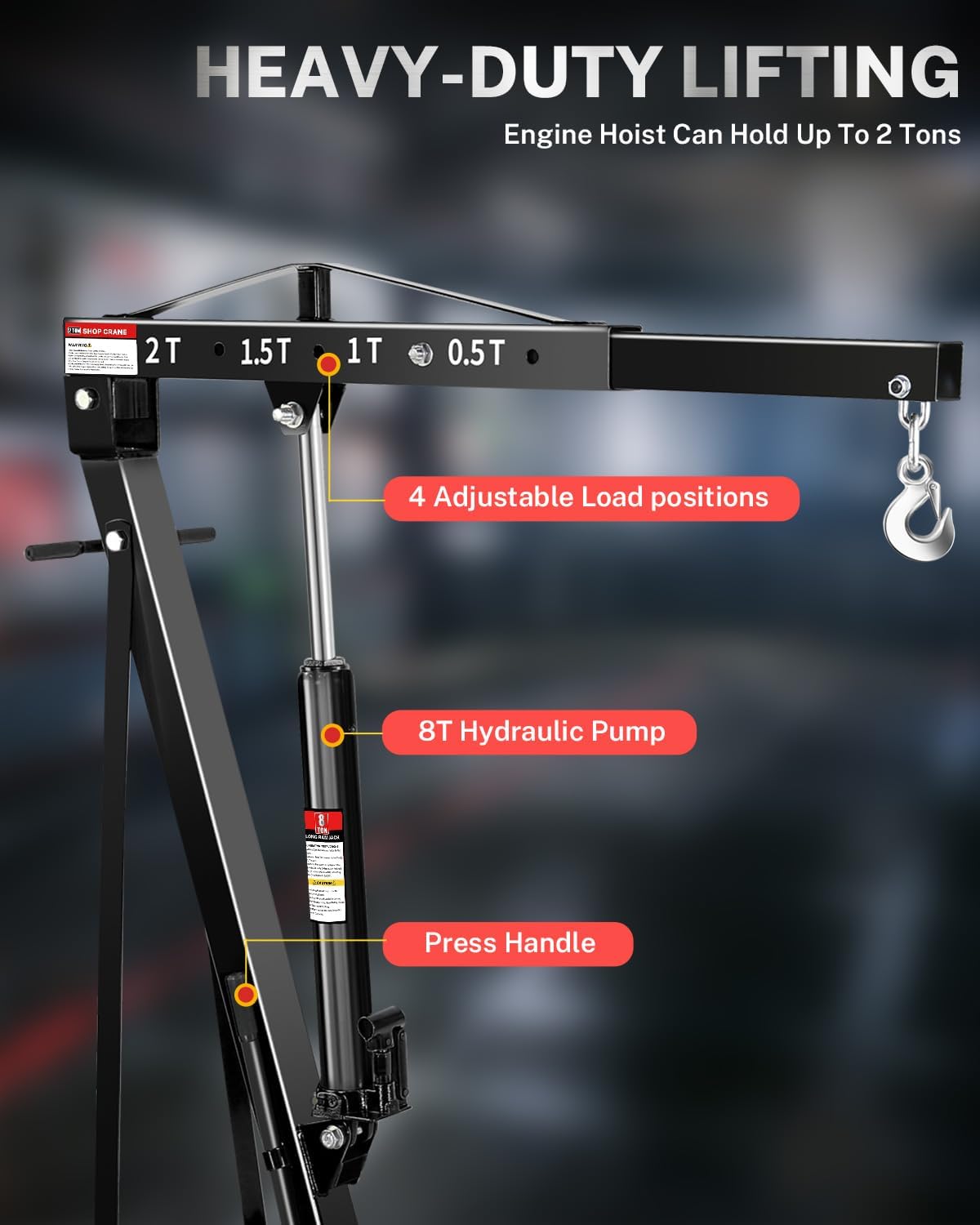 2 Ton Hydraulic Engine Hoist Crane, Folding Heavy-Duty Cherry Picker with 6 Locking Wheels & 4 Boom Positions, for