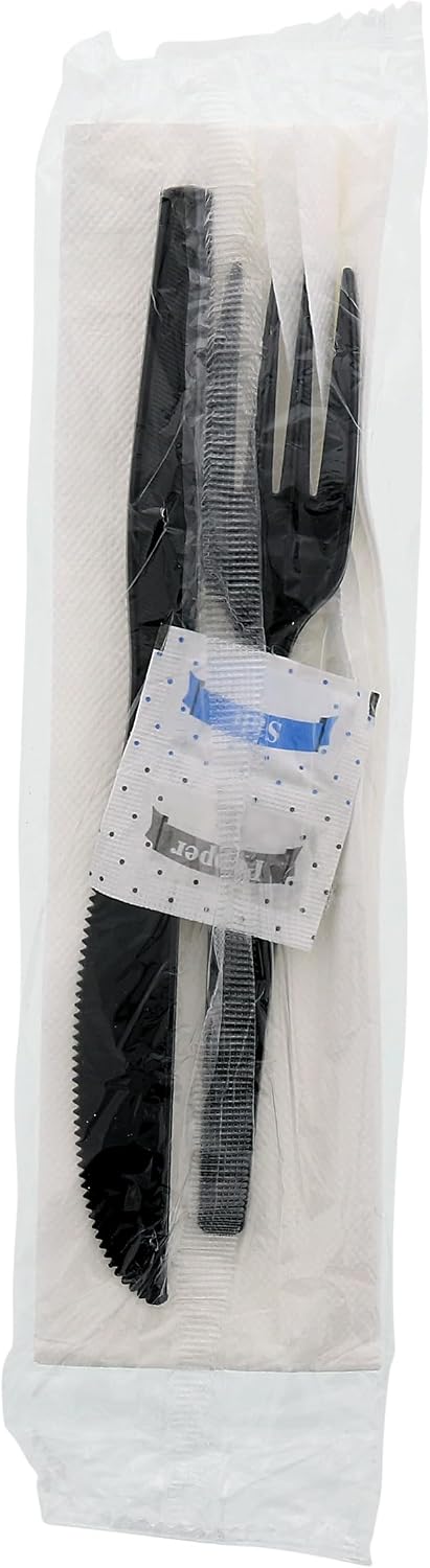 Royal 5-in-1 Disposable Silverware Heavy Duty Plastic Utensil Set with Fork, Knife, Salt & Pepper Packets, 13x17 inch