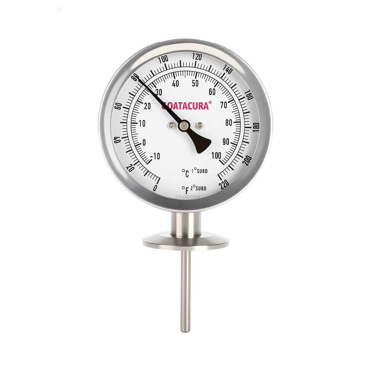 Sanitary Bimetal Thermometer, 0-220 Deg F/-10-100 Deg C