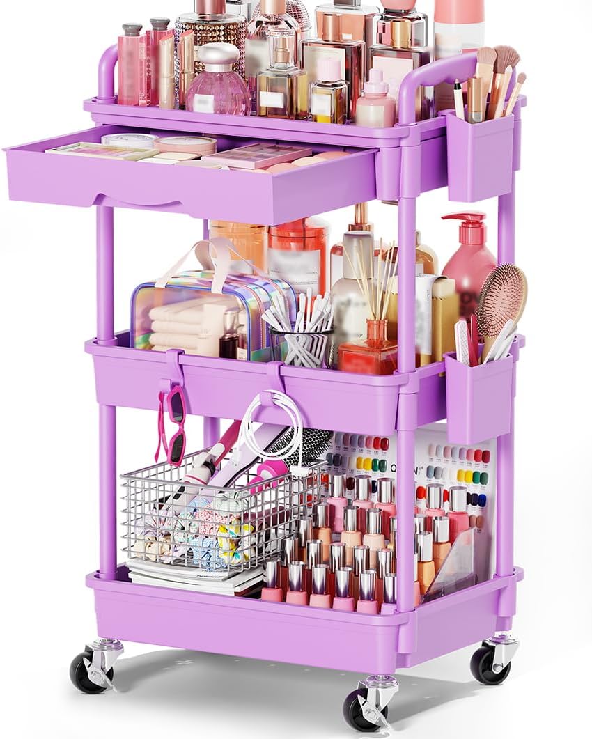 Rolling Makeup Organizer Cart with Removable Drawer, 3 Tier Purple