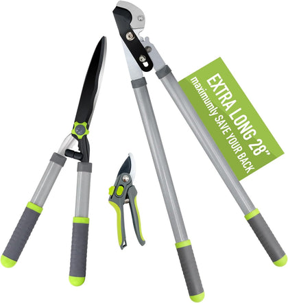 Garden Loppers Pruning Shears, Updated 3PCS Hedge Clippers Combo Set, Branch Cutter with Compound Action, Chops Thick