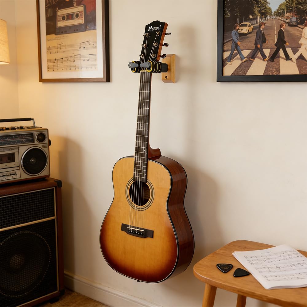 Non-Scratch Self Locking Guitar Wall Mount with Solid Wood Base | Auto Lock Guitar Hanger Hook for