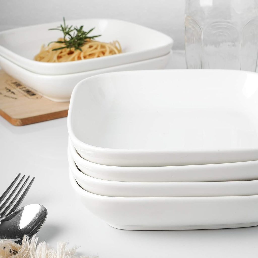 Porcelain 8-inch Square Dinner Plates, Pasta Salad Bowls, Set of 6, White