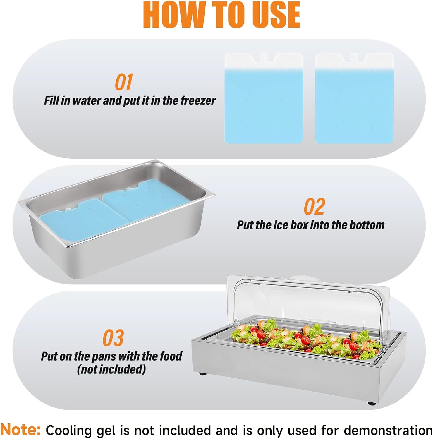 Ice Tray Chafing Dishes for Buffet Stainless Steel Ice Food Serving Display Clear Cold Food Server with Roll Lid
