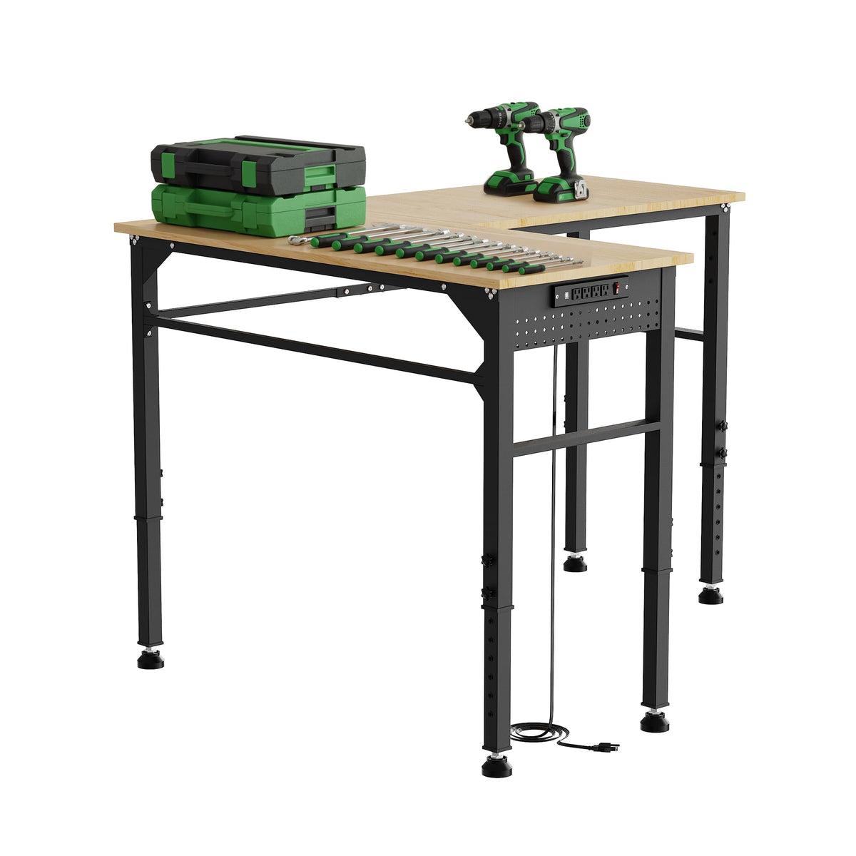 L-Shaped Adjustable Workbench with Power Outlets, 2000 LBS Heavy Duty Corner Work Bench, 0.8" Solid Wood Top Work