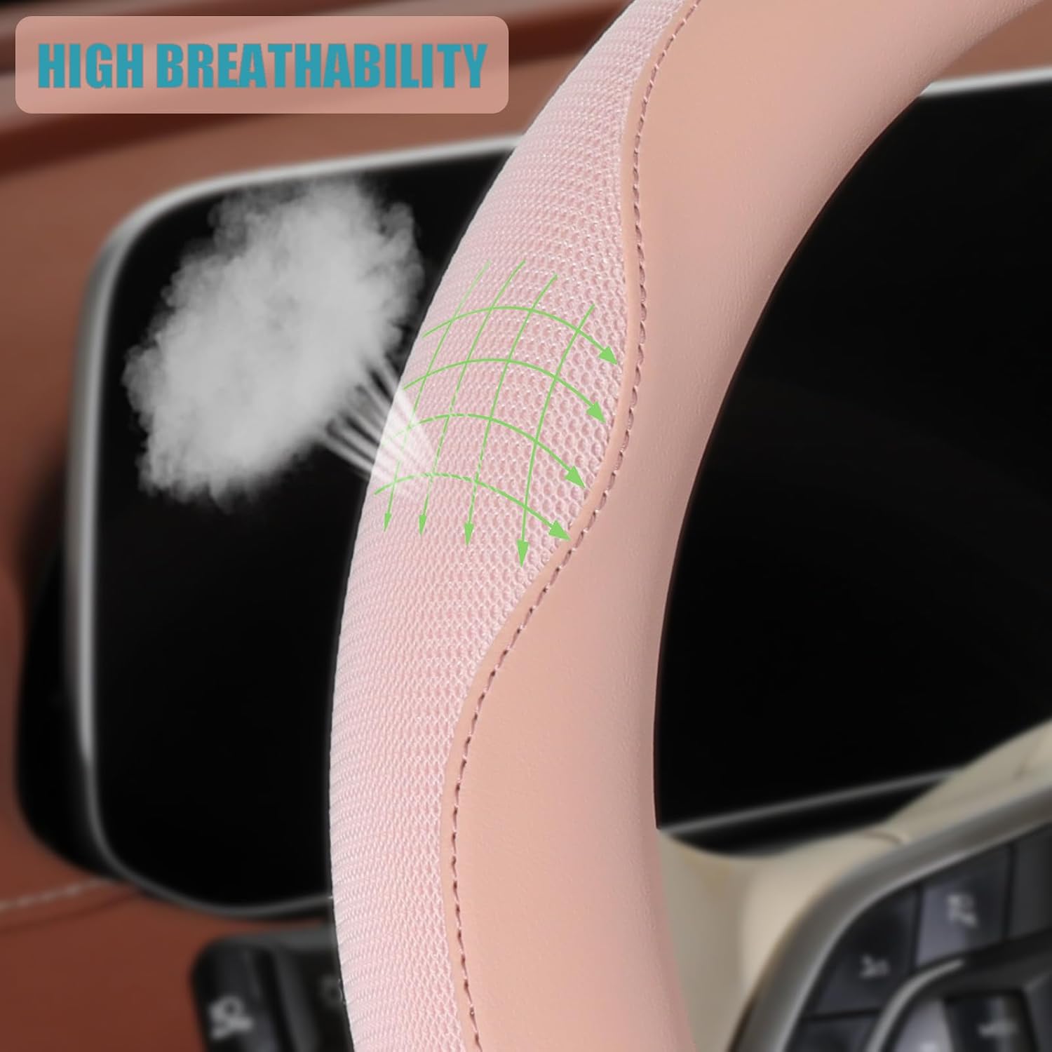 Nappa Leather Pink Steering Wheel Cover, Advanced Microfiber Leather Non-Slip Breathable Fabric, Warm in Winter and