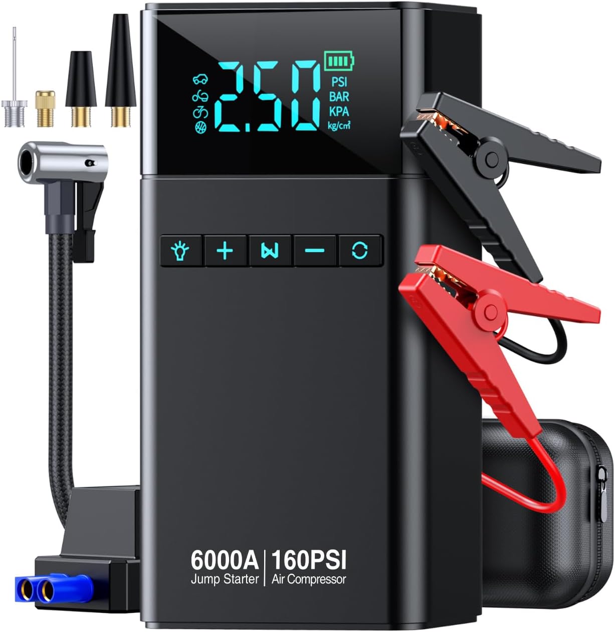 10-in-1 Portable Car Battery Jump Starter with Air Compressor, 6000A 160PSI Portable Car Jumper Starter (All Gas 12L