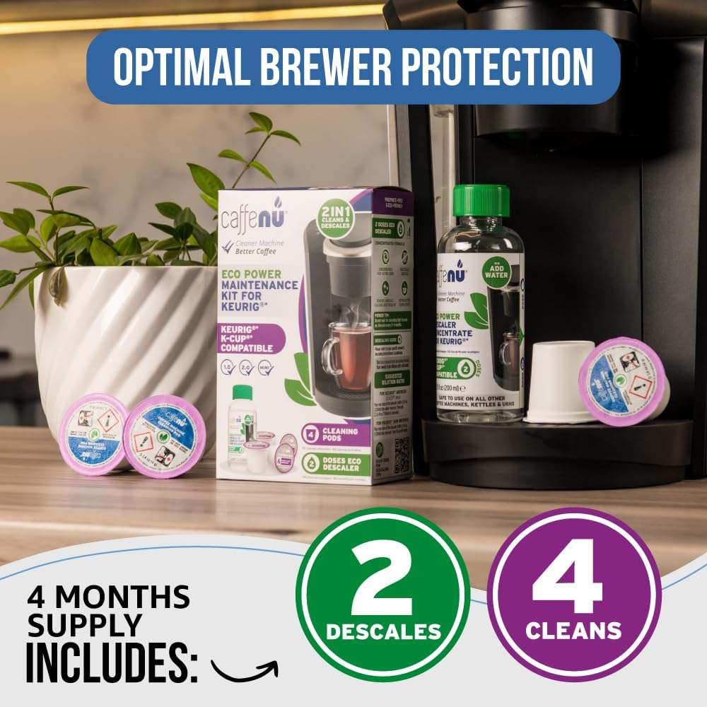 Caffenu Keurig Compatible Descaling Solution and Cleaning Pods Kit, 4 Uses