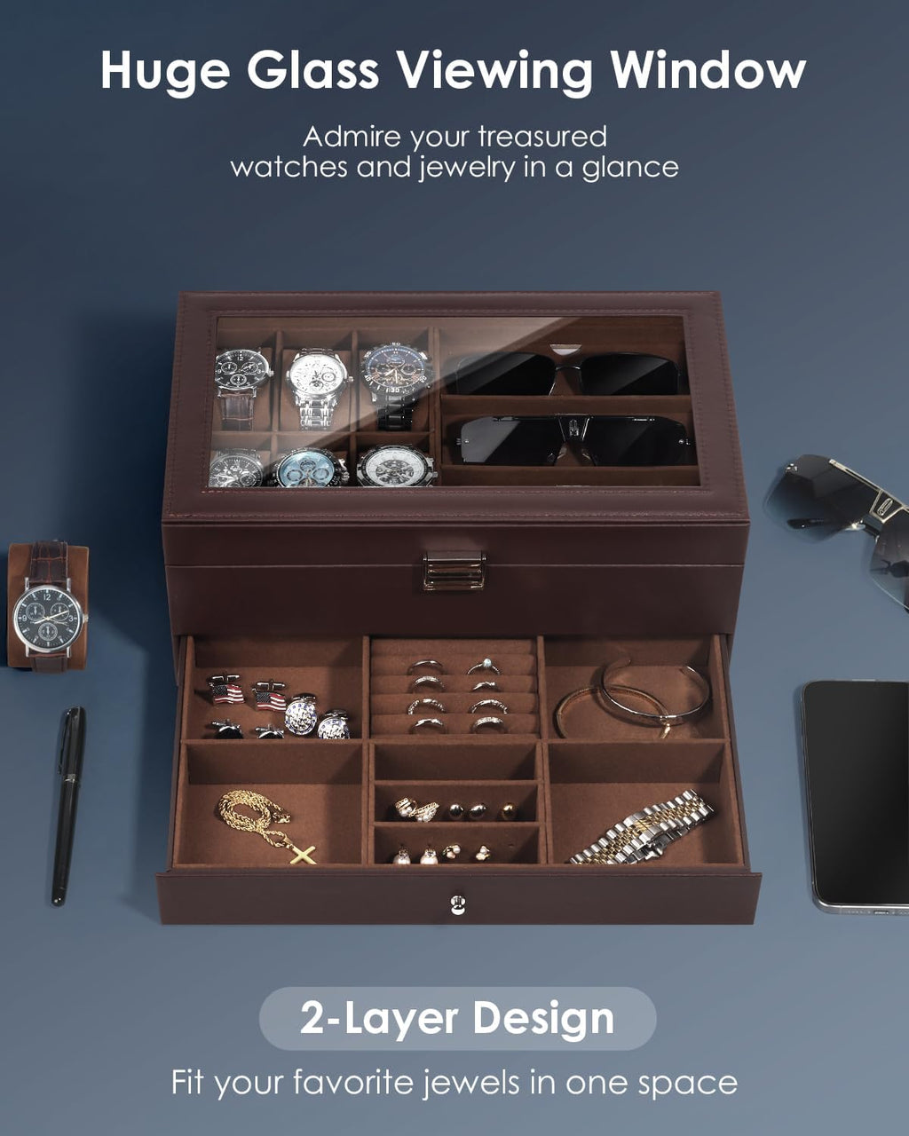 Watch Jewelry Box Organizer, 6-Slot 2-Layer Watch Case and Sunglasses Storage with Large Glass Lid, Men's Jewelry Box