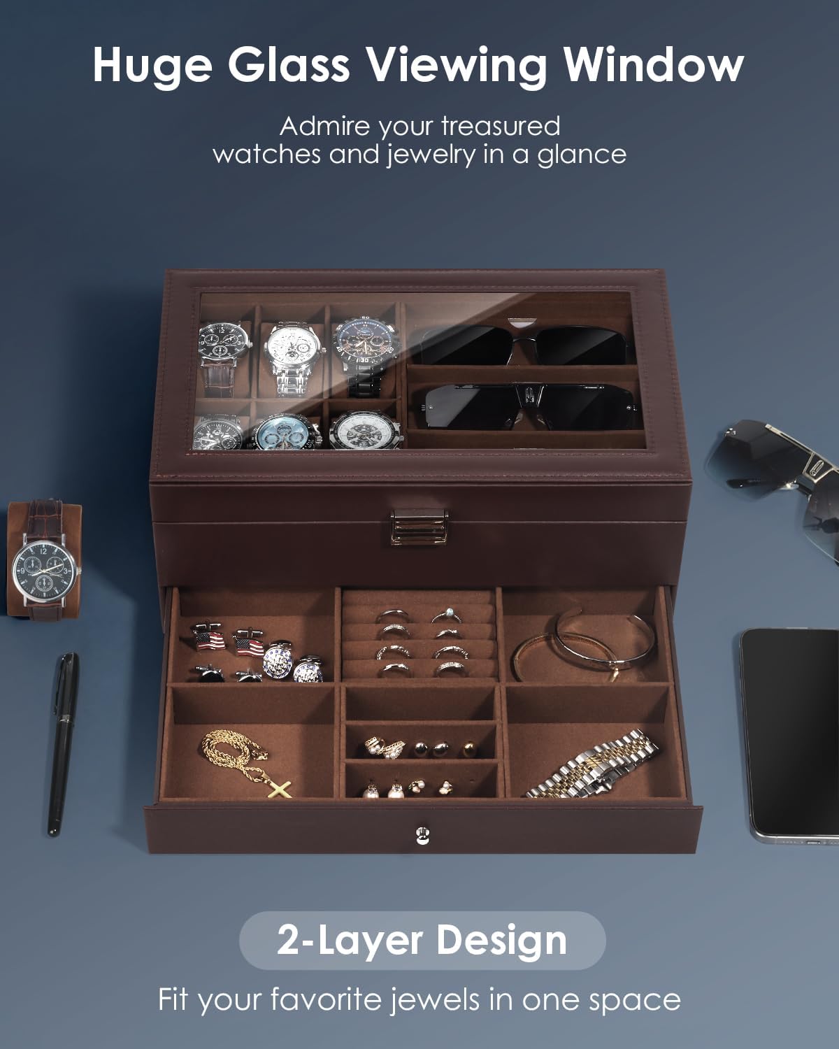 Watch Jewelry Box Organizer, 6-Slot 2-Layer Watch Case and Sunglasses Storage with Large Glass Lid, Men's Jewelry Box