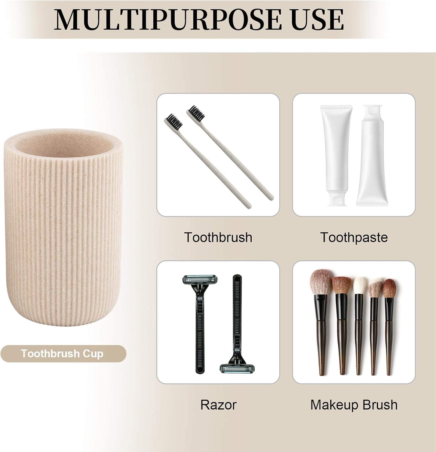 Beige Bathroom Accessories Set Include Soap Dispenser and Toothbrush Holder | Modern Stripe Design, Resin Bathroom