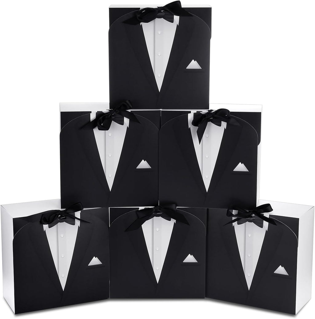 6 Groomsmen Gift Box Tuxedo Desian with Ribbon, Black