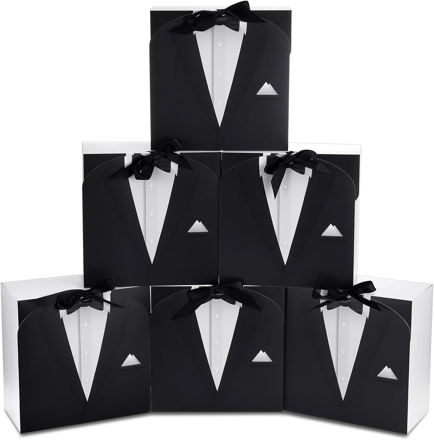 6 Groomsmen Gift Box Tuxedo Desian with Ribbon, Black