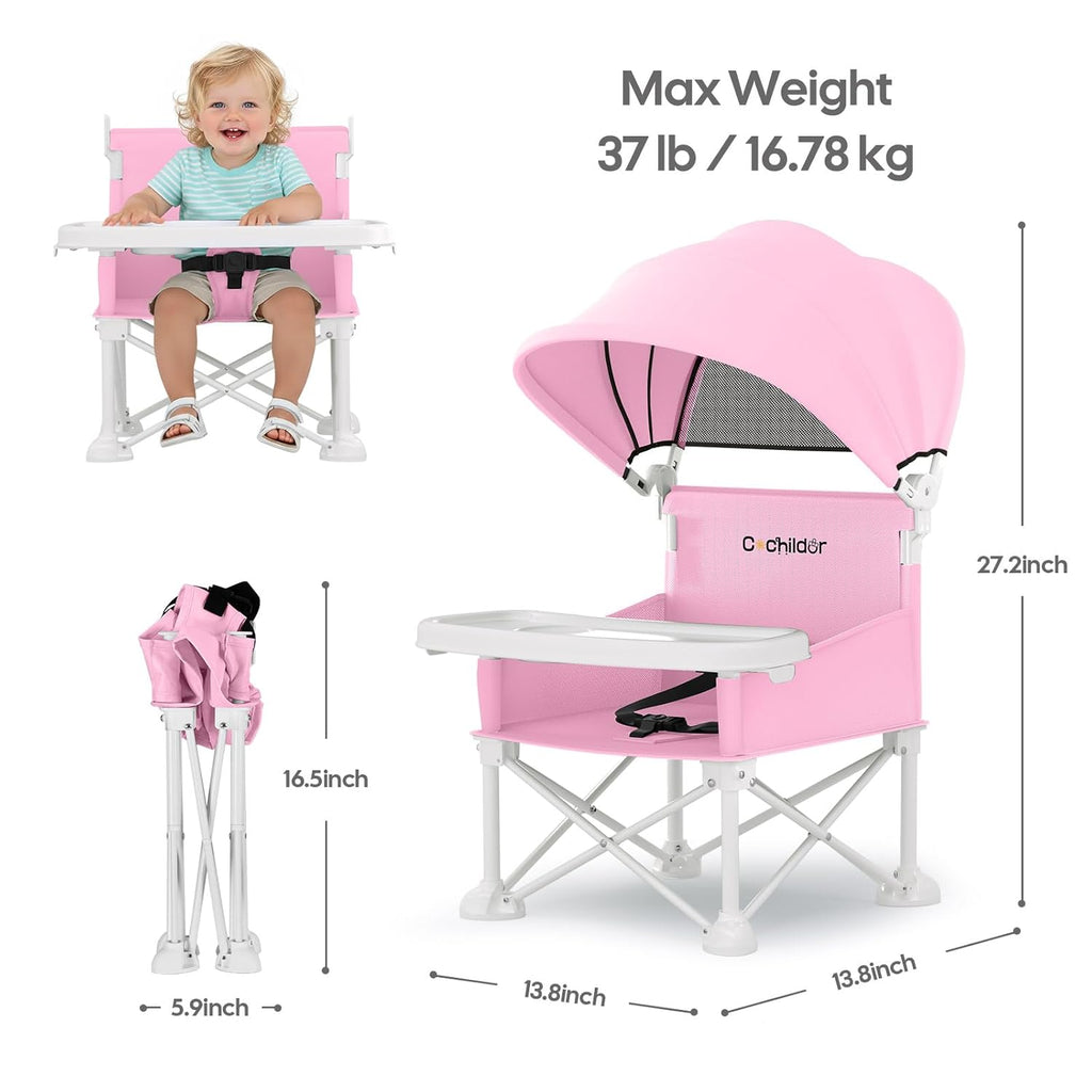 4-in-1 Portable Baby Chair, Foldable Toddler Booster Seat with Removable Tray, Canopy & Safety Harness, Pink