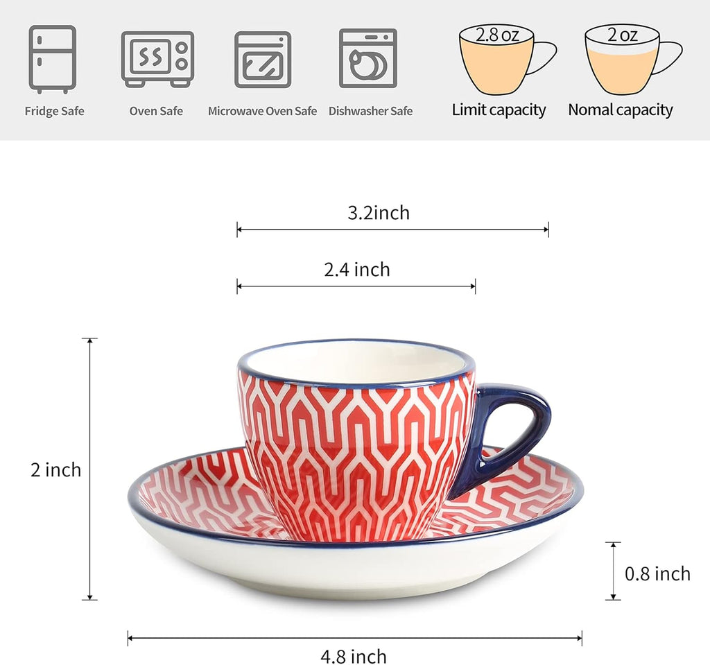 Ceramic 2 OZ Espresso Cups with Saucers, Set of 6, Assorted Colors