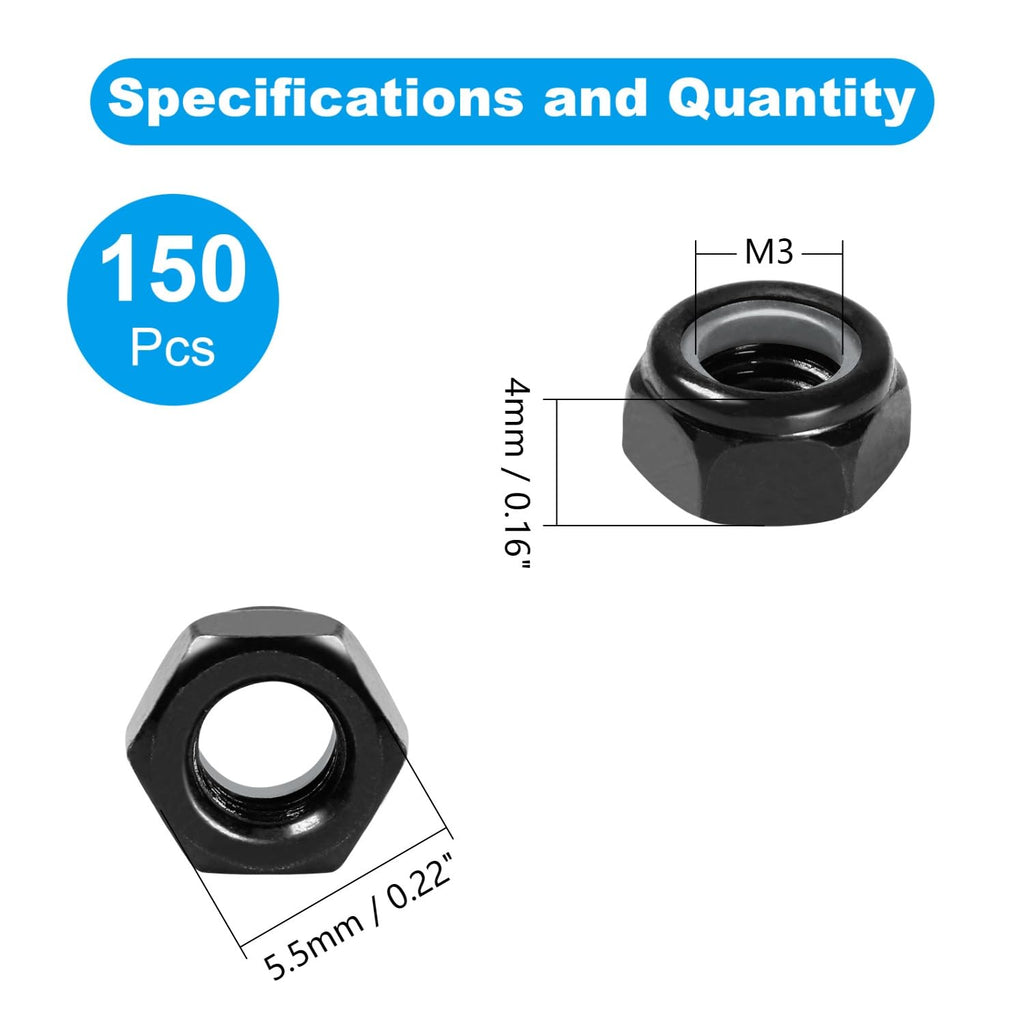 150Pcs M3 x 0.5mm Nylon Insert Hex Lock Nuts Locknuts