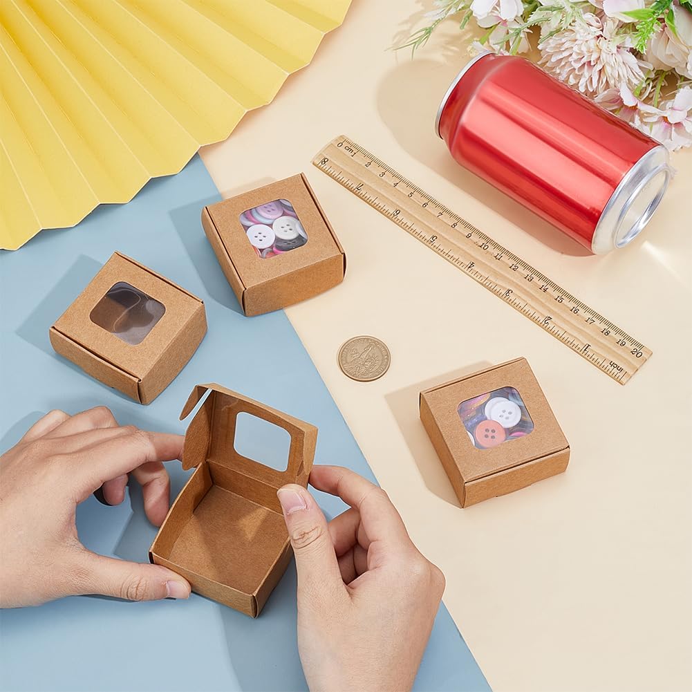 60 Pack Square Clear Window Box, Brown Kraft Paper Container Party Favor Packaging Boxes, 2x2x1inch Foldable Design