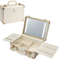 Lighted Makeup Case with Detachable Tray, Beige Vegan Leather Makeup Box Rechargable 3-Color LED Mirror, Travel Train