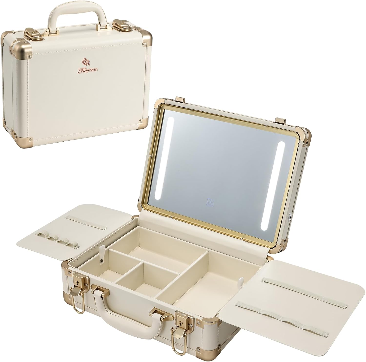 Lighted Makeup Case with Detachable Tray, Beige Vegan Leather Makeup Box Rechargable 3-Color LED Mirror, Travel Train