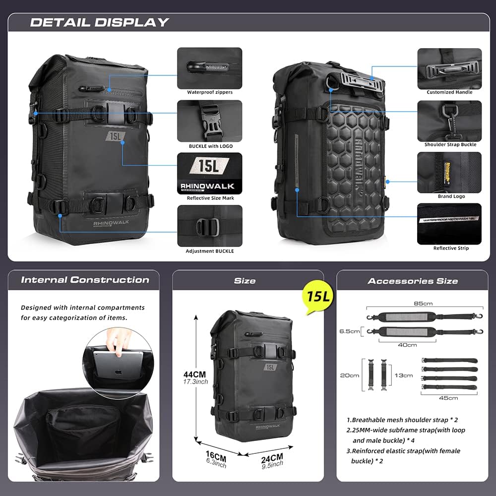 Motorcycle Tail Bag Motorbike Side Bag 15L Full Waterproof Motor Saddle Pannier Bag Rear Rack Trunk Professional