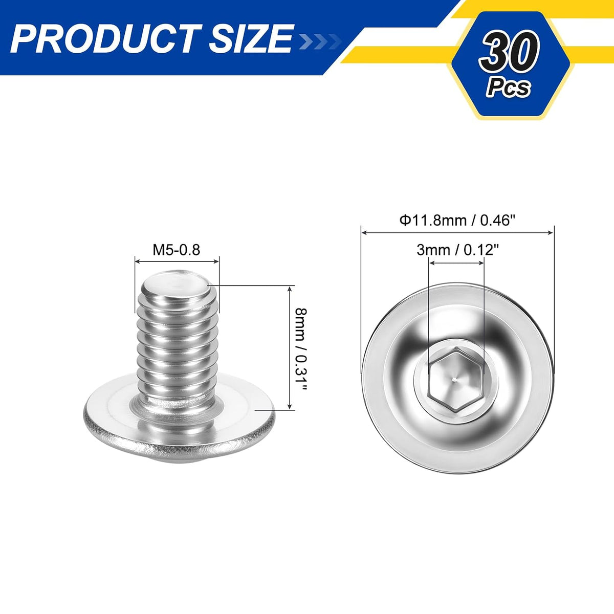 30pcs M5-0.8x8mm 304SS Flanged Button Head Socket Cap Screws