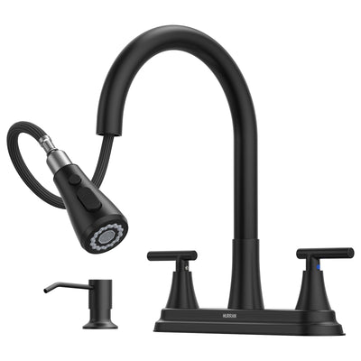 8" 2-Handle Pull Down Kitchen Faucet & Soap Dispenser Matte Black