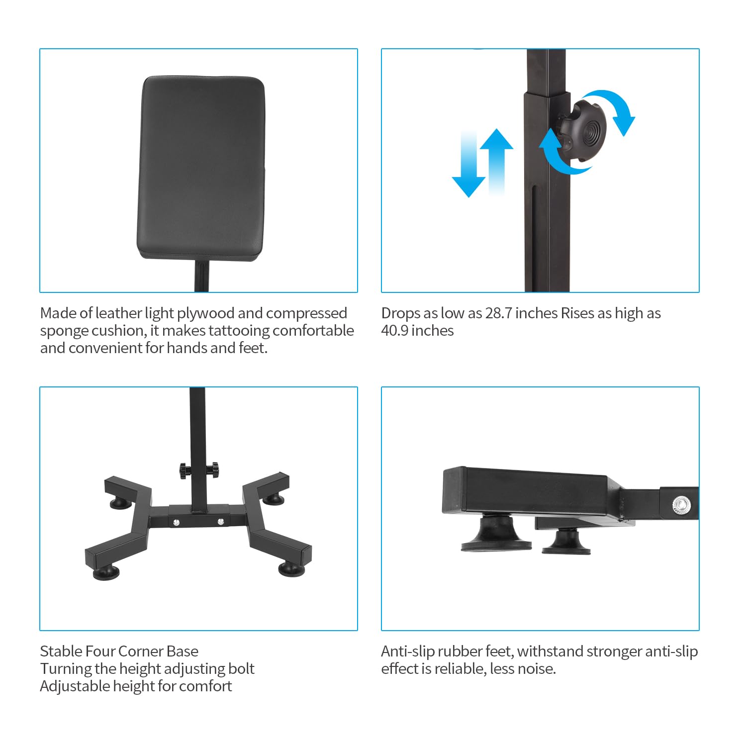 Tattoo Armrest Stand, Tattoo Arm Rest Stand Adjustable, Tiltable Thickened Black Leather Cushion, Stable Four Corner