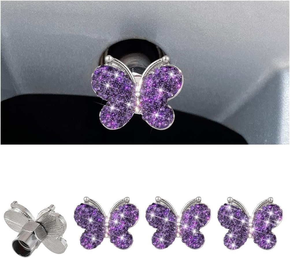 4PCS Bling Butterfly Rhinestone Tire Valve Stem Caps, Purple