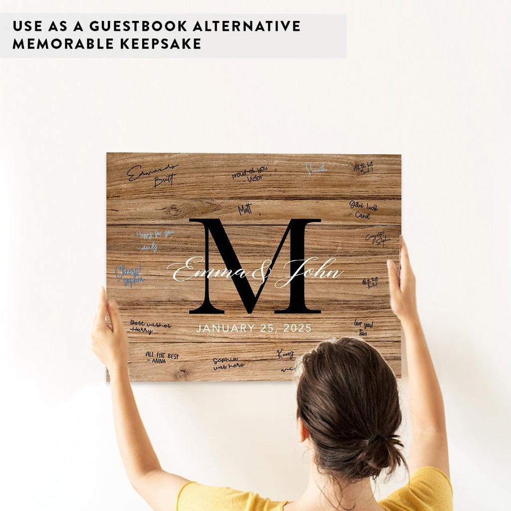 Custom Large Canvas Wedding Guest Book Alternative, 16 x 20 Inches, Rustic Wood Monogram Horizontal Personalized Sign