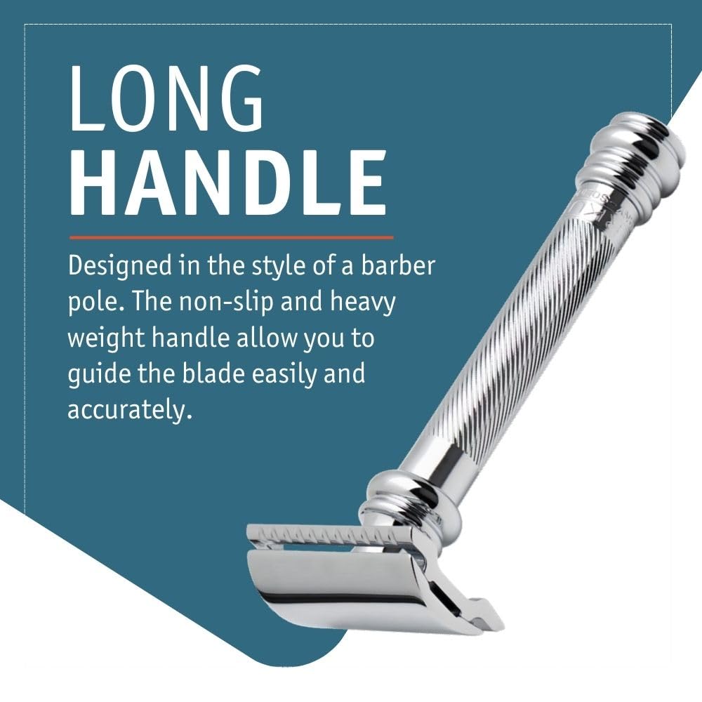 38C Double Edge Safety Razor - Bright Chrome, Extra Large Barber Pole Grip Brass Handle, Made in Germany