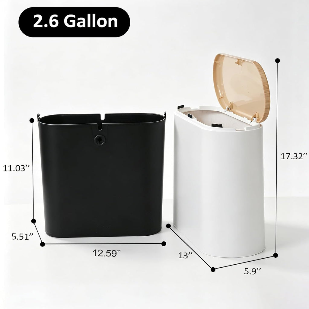 Small Bathroom Trash Can with Lid, 2.6 Gal, Faux Wood Grain Top | White Slim Wastebasket - Odor & Pet Proof, Inner