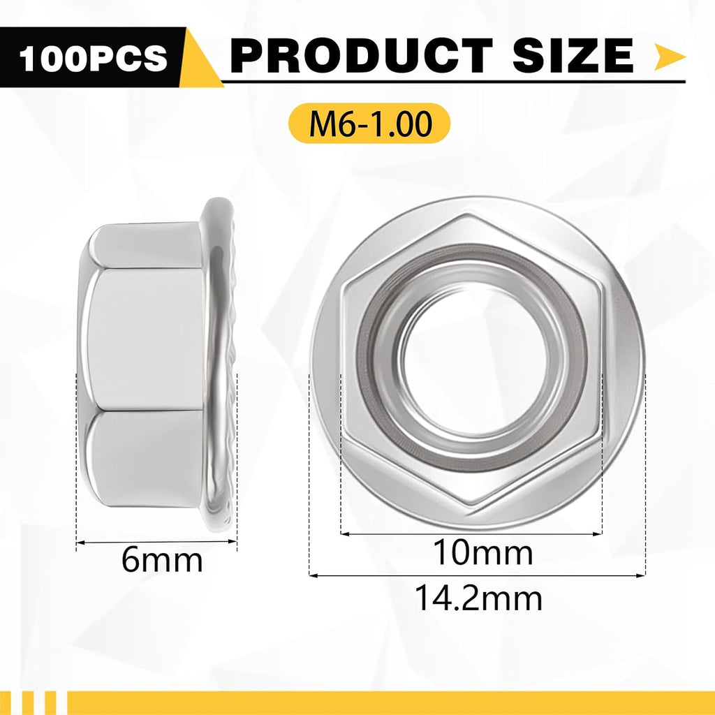 100 Pcs M6 Flange Nuts, M6-1mm Hexagon Flange Nuts, Silver