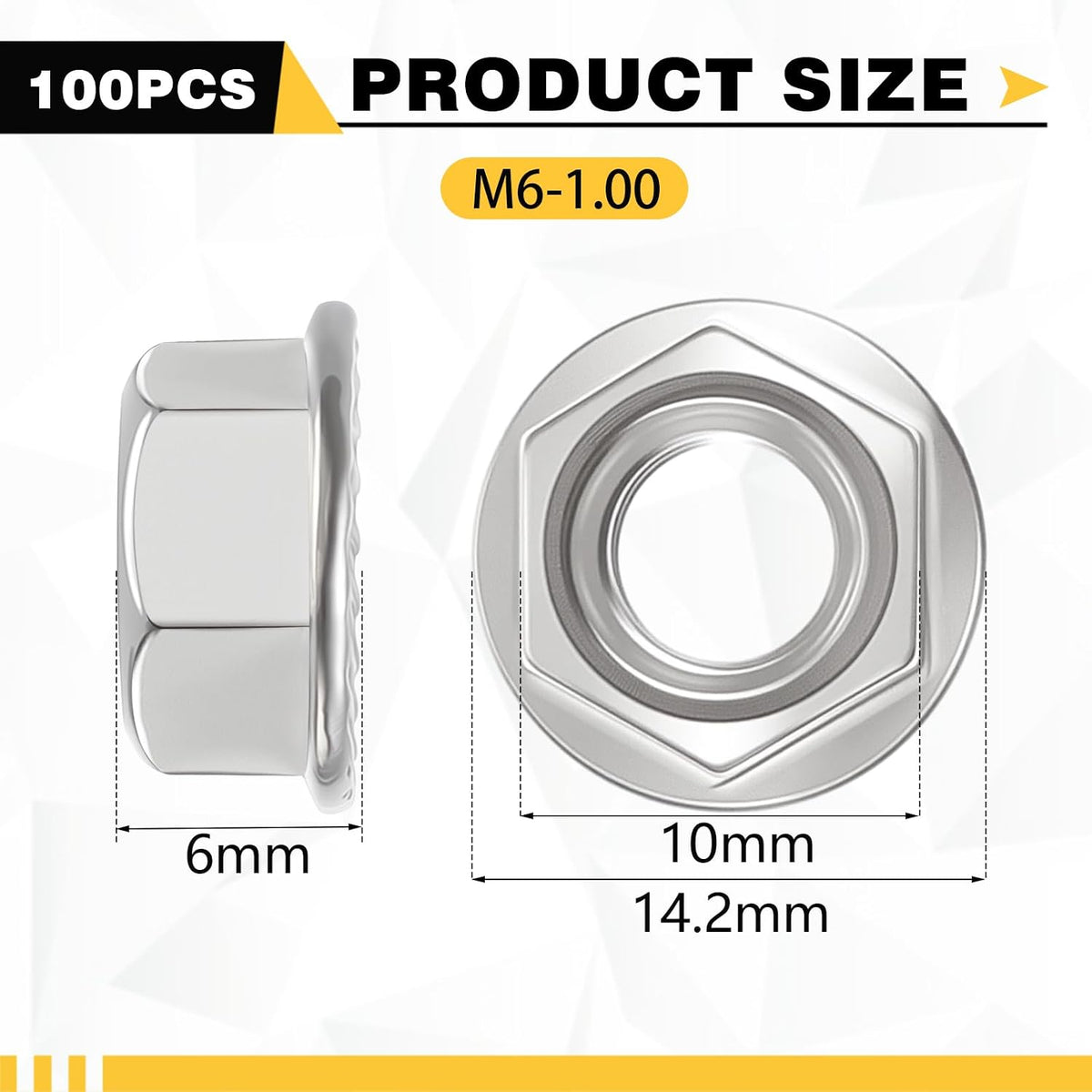 100 Pcs M6 Flange Nuts, M6-1mm Hexagon Flange Nuts, Silver