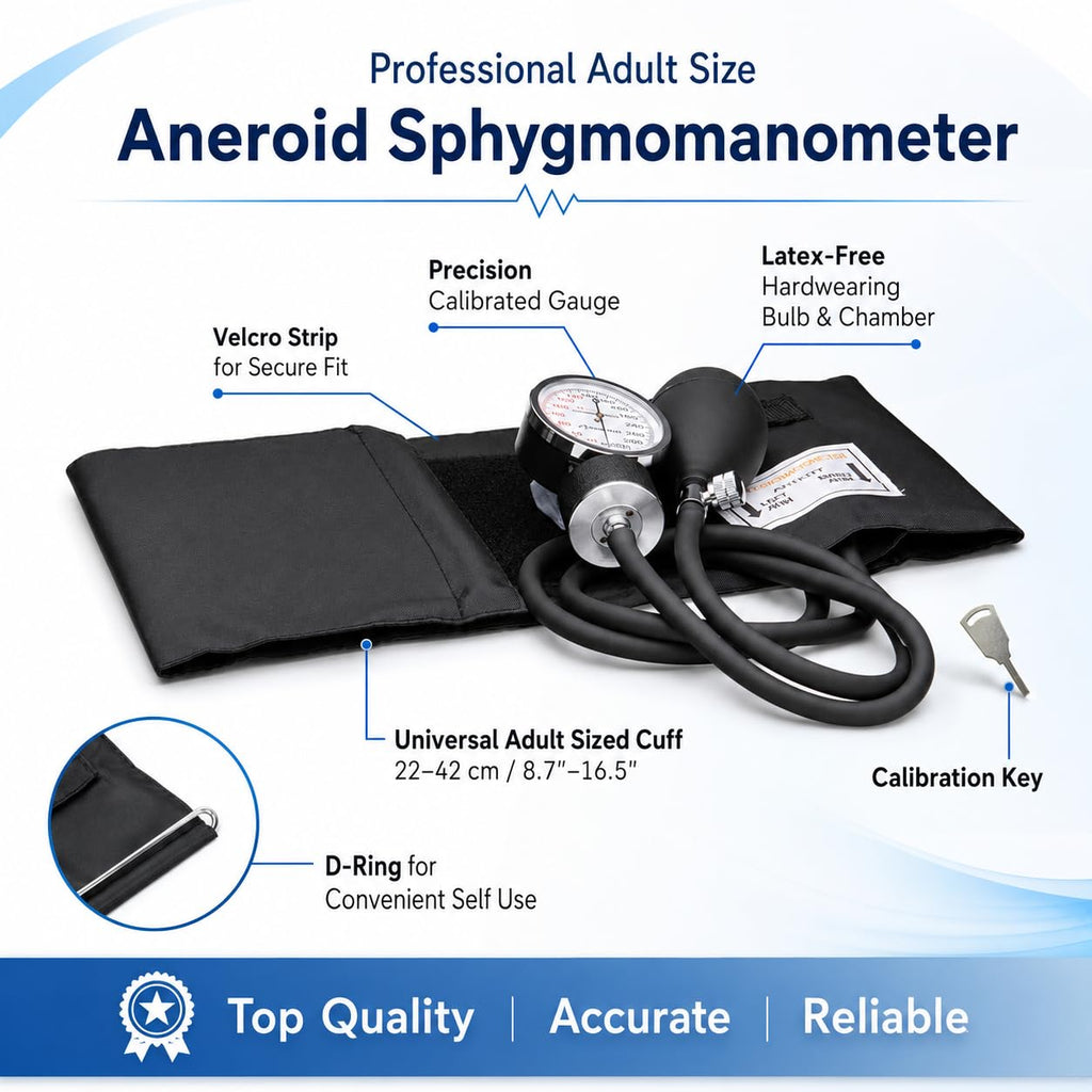 Adult Size Self Taking Black Aneroid Sphygmomanometer, Stethoscope Kit - Professional Blood Pressure Machine with