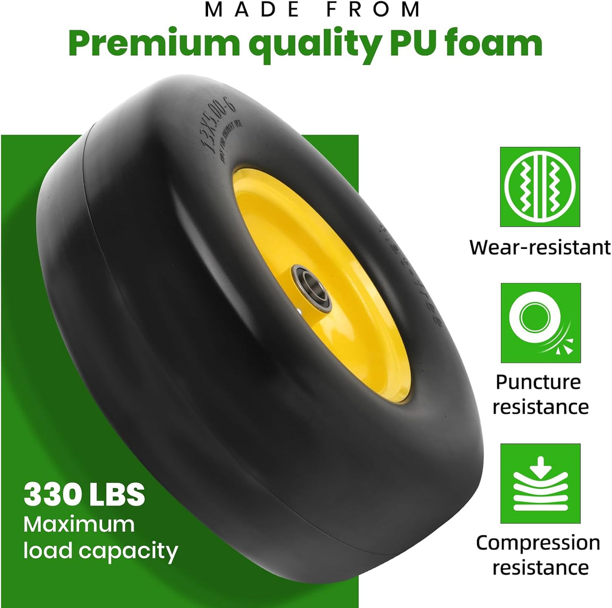 (2-Pack) 13x5.00-6 Flat Free Lawn Mower Tire and Wheel- Solid Smooth Tread Replacement Front Tire for Riding Zero