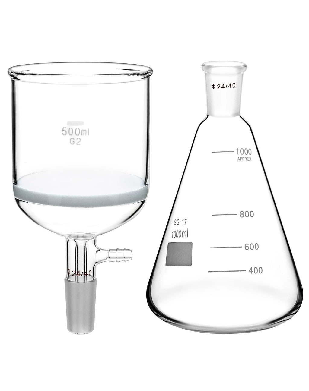 Borosilicate Glass 500ml Buchner Filtering Funnel and 1000 mL Erlenmeyer Flask, with Standard 24/40 Joint