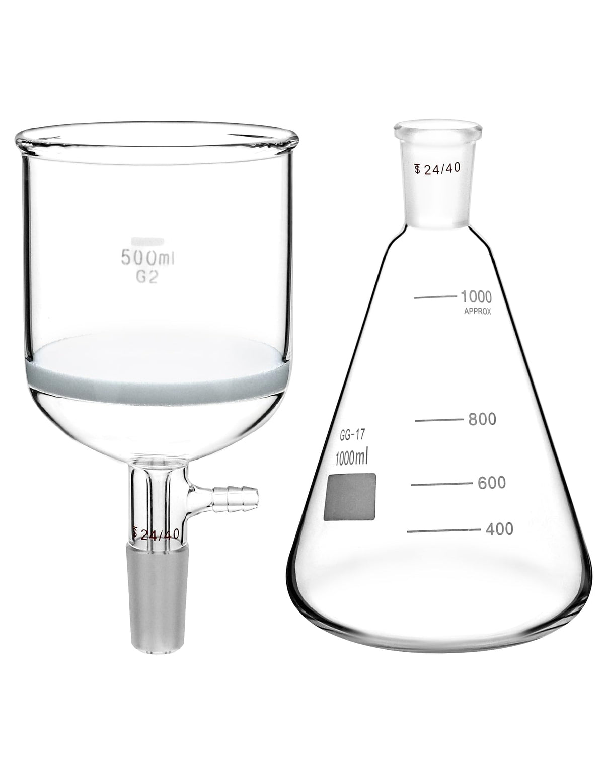 Borosilicate Glass 500ml Buchner Filtering Funnel and 1000 mL Erlenmeyer Flask, with Standard 24/40 Joint
