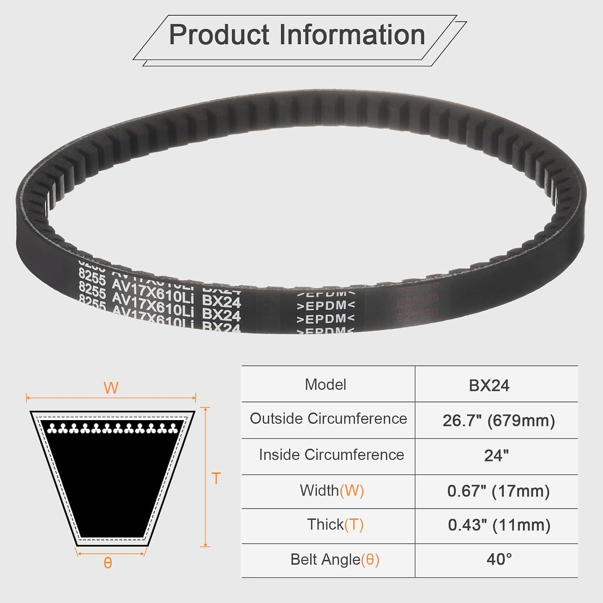 uxcell BX24 EPDM V-Belt, Raw Edge Cogged Industrial Rubber V Belt 0.67" Width x 24" Inside Circumference