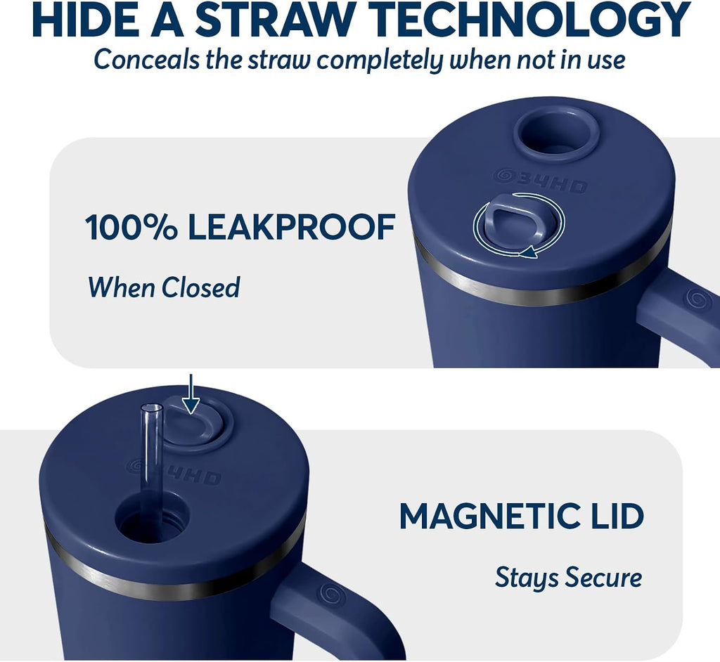 Navy 40oz Insulated Tumbler with Handle and Reusable Hidden Straw | Triple-wall Vacuum Insulated Stainless Steel for