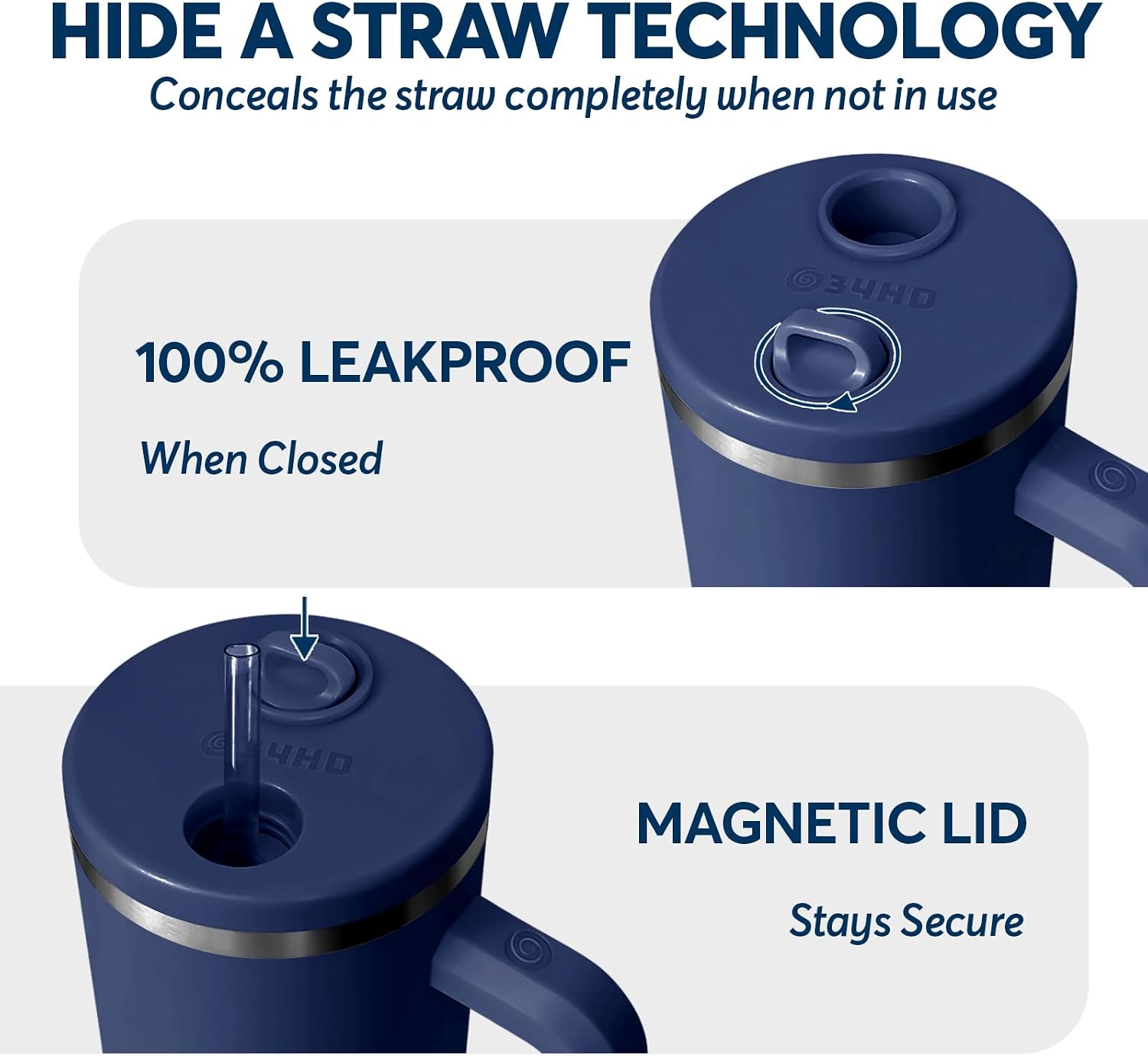Navy 40oz Insulated Tumbler with Handle and Reusable Hidden Straw | Triple-wall Vacuum Insulated Stainless Steel for