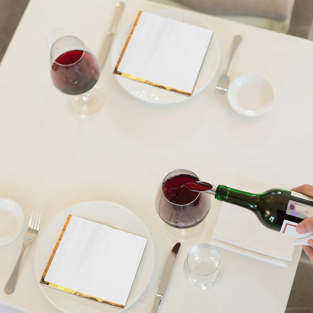 100 Pack 2 Ply Cocktail Napkins Gold Foil Edge 5x5 In,White