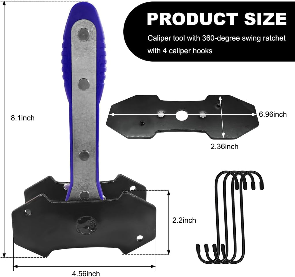 Brake Caliper Compression Tool Kit, 360° Ratchet Piston Compressor with 2 Large Steel Plates & 4 Caliper Hooks